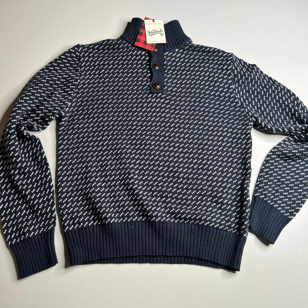 Woolrich Men’s Nordic Stitch Knit Sweater‎ Navy Blue Henley Cotton Size M NWT
